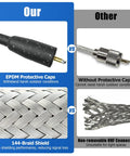 Comparison of coax cables: Our EPDM cap and braid shield vs other without protective cap, demonstrating Coax Cable 18ft With Waterproof Sleeve For Outdoor Use, RG8X Coaxial Cable With PL259 Male Connectors, Low Loss Ham Radio Antenna Cable, VHF SWR Meter Accessory, EPDM Cap Included