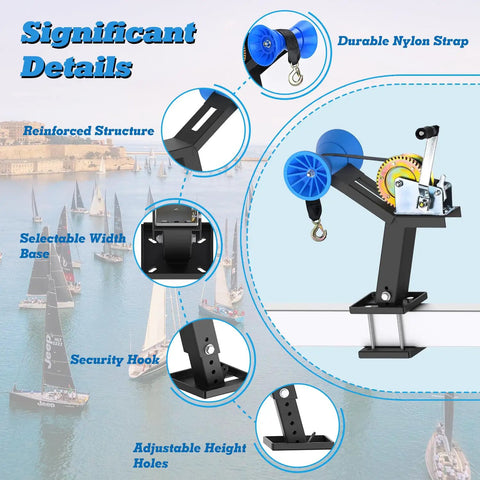 Boat Trailer Winch Post With Bow Stop Roller, 1200 Lb Winch Included, Heavy Duty Adjustable Up Down Stand For Stable Secure Boat Hauls, Marine Trailer Accessory For Easy Load And Safe Tie Down Built Tough with blue nylon strap