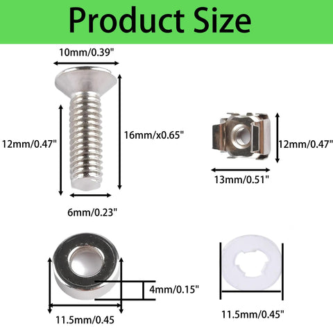 Heavy Duty M6 X 16 Millimeter Rack Mount Hardware Kit Including Square Cage Nuts Strong Screws And Nylon Lock Washers For Server Cabinets And Network Racks size dimensions with labels.