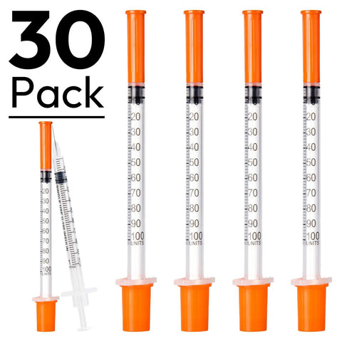 1ml 31G 5/16 Inch Syringes Pack 30, Individually Wrapped for Lab Use, clear marked syringes with orange caps