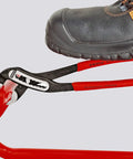 10 Inch Alligator Pliers With 9 Adjustment Positions Delivering 30 Percent More Grip, shown gripping a red metal pipe.