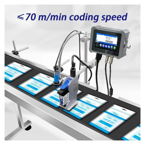 Heavy Duty Industrial Inkjet Printer With 4.3 Inch Touchscreen printing labels at adjustable pace on a factory conveyor.