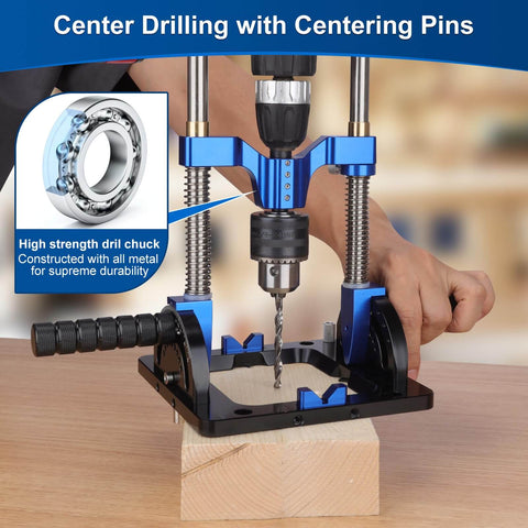 Heavy Duty Portable Drill Guide with Adjustable 0 to 60 Degrees Multi Angle for Straight Holes Pro Grade Drill Press Adapter with hand drill on wooden block