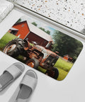 Thick Ultra Absorbent Bath Rugs With Non Slip Backing, Coral Fleece Farm Tractor Bathroom Mats on tile floor near slippers