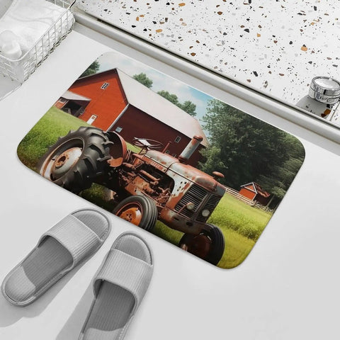 Thick Ultra Absorbent Bath Rugs With Non Slip Backing, Coral Fleece Farm Tractor Bathroom Mats on tile floor near slippers