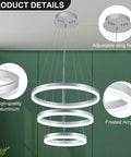 Dimmable 3 Ring LED Chandelier Pendant Light With Height Adjustable Dope Modern Silver Finish, ETL Certified Flush Mount Ceiling Fixture