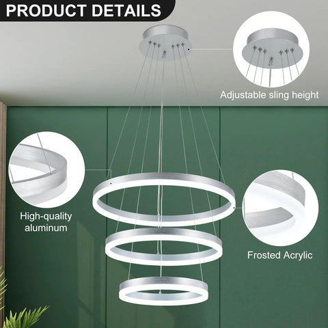 Dimmable 3 Ring LED Chandelier Pendant Light With Height Adjustable Dope Modern Silver Finish, ETL Certified Flush Mount Ceiling Fixture