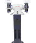 8 Inch Xp Bench Grinder Pedestal Stand Combo Heavy Duty Metal Sharpening Station With Dust Collection Port front view with grinding wheels.