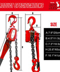 Big RED lever chain hoist, red steel, 3-ton capacity with dual 360° rotating hooks