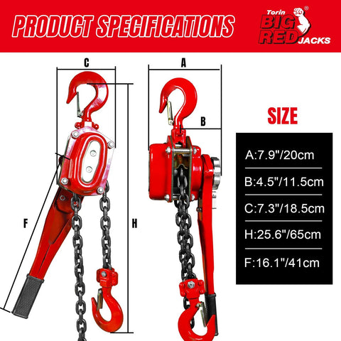 Big RED lever chain hoist, red steel, 3-ton capacity with dual 360° rotating hooks