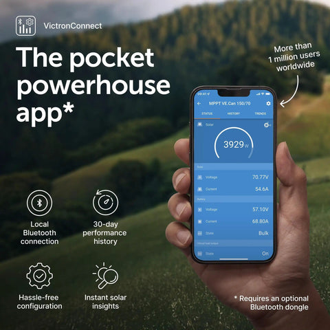 Hand holding phone showing app for Power Up Your Solar Setup With A 150V 70A MPPT MC4 Compatible Solar Charge Controller For 12 To 48V Systems