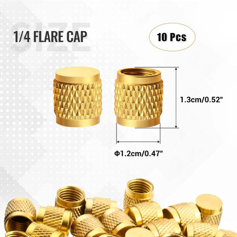 10 Pack 1/4 Inch SAE Brass HVAC Service Port Caps With 7/16-20 Thread, Heavy Duty Flare Cap With Rubber Seal For R22 R12 AC Systems, Ideal For Manifold Gauge Hoses And Valve Core Removal Tools, Durable Gold Finish. 1/4-inch brass flare cap, 10 pcs, with size dimensions shown