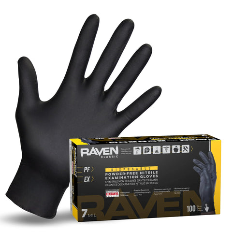 Front view of Raven Classic powder-free nitrile disposable gloves, 7 mil, black; box of 100.