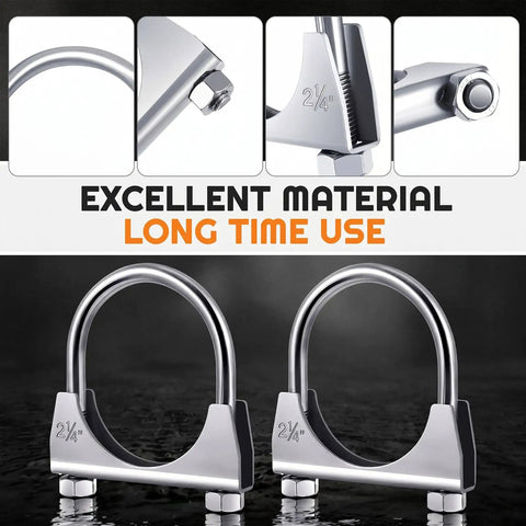 Beefy Heavy Duty Exhaust Clamp Set Four Pack Fits Two And A Quarter Inch OD Pipes U Bolt Saddle Design Muffler Connector Galvanized Iron Built To Last In Harsh Weather And Tough Road Conditions, showing two galvanized clamps with U bolt design.