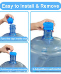 Installation steps for 5 Pack Silicone Water Jug Caps for 3 and 5 Gallon Bottles, Upgraded Reusable Non Spill Lids for 55mm Standard Screw Crown Tops