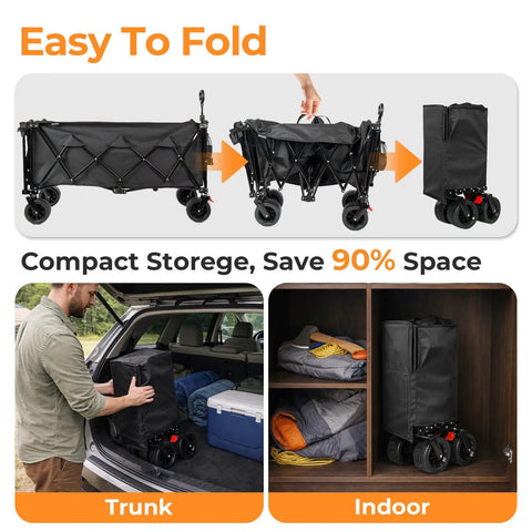 70 Inch Extender Collapsible Wagon With Extended Tailgate for storage in trunk or indoors, foldable for compact space