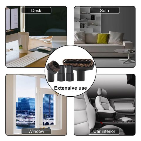 Image showcasing the 36mm Long Horse Hair Vacuum Brush With Universal Connector For 32mm And 1-1/4 Hose Easy Fit, used on a desk, sofa, window, and car interior.