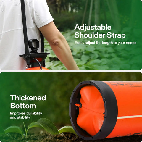 Close-up of One Point Three Five Gallon Pump Sprayer For Garden And Home Use With Adjustable Nozzle and shoulder strap visible