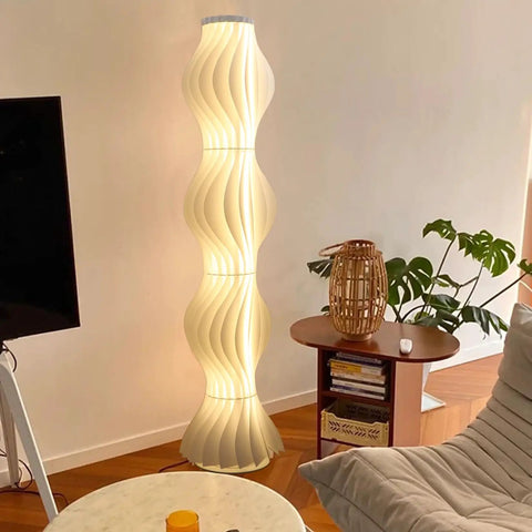 Dimmable Column Floor Lamp With Hula Skirt Shade, 55 Inch Tall Contemporary Standing Light in living room corner.