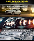 Easy to use aerosol application features of 10X Brighter Headlight Restoration Kit With Pro Grade Cleaner And Sealant That Erases Yellowed, Cloudy Lenses In Minutes Without Grinding Or Sanding, Keeps Lenses Clear For Safer Night Driving And Crystal Clear Road Visibility.