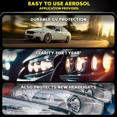 Easy to use aerosol application features of 10X Brighter Headlight Restoration Kit With Pro Grade Cleaner And Sealant That Erases Yellowed, Cloudy Lenses In Minutes Without Grinding Or Sanding, Keeps Lenses Clear For Safer Night Driving And Crystal Clear Road Visibility.