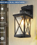 Two Pack Dusk To Dawn Outdoor Wall Lanterns With Photocell Sensor, black aluminum with clear glass in rainy weather