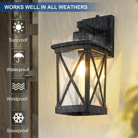 Two Pack Dusk To Dawn Outdoor Wall Lanterns With Photocell Sensor, black aluminum with clear glass in rainy weather
