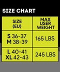 Size chart for Adult Jumping Shoes For Fitness And Fun Kangaroo Jump Boots, EU sizes and max user weight up to 245 lbs.