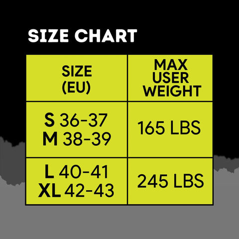 Size chart for Adult Jumping Shoes For Fitness And Fun Kangaroo Jump Boots, EU sizes and max user weight up to 245 lbs.