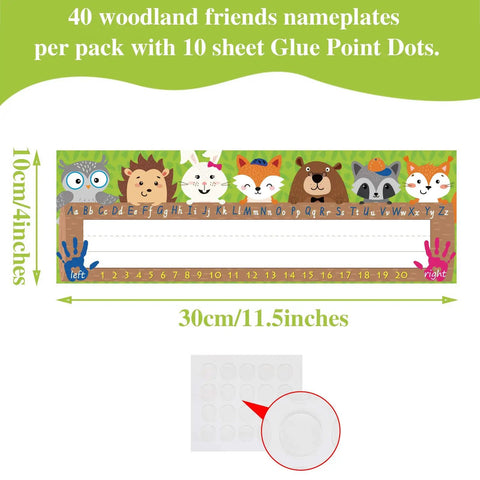 Kid Friendly Desk Labels Pack, 40 Reusable Woodland Themed Name Plates With Alphabet And Numbers, Glue Dots Included, 11.5x4 Inch Classroom Tags