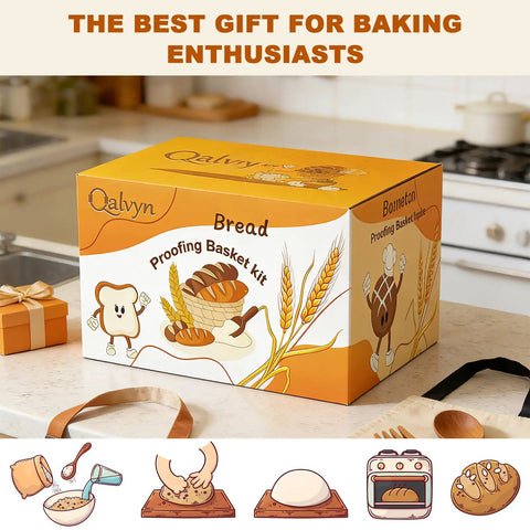 All In One Sourdough Starter Kit With Glass Starter Jar, 9 Inch Proofing Basket, and tools on kitchen counter, gift box packaging