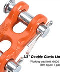 Heavy Duty G70 Grade 3/8 Inch Double Clevis Links Tough As Nails Chain Repair Hardware For Towing Trailer Rigging And Auto Salvage Rated 6600 Lbs Pulling Capacity 4 Pack with orange finish.
