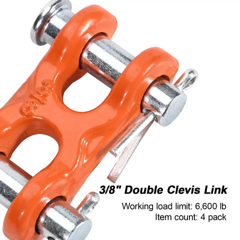 Heavy Duty G70 Grade 3/8 Inch Double Clevis Links Tough As Nails Chain Repair Hardware For Towing Trailer Rigging And Auto Salvage Rated 6600 Lbs Pulling Capacity 4 Pack with orange finish.