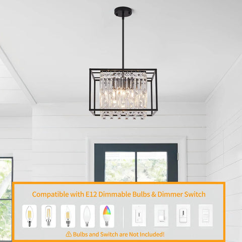 Modern Farmhouse Black Metal 4 Light Chandelier With Crystal Square Pendant Lights Industrial Pendant Light For Dining Room Kitchen Island Living Room Foyer Hallway Entryway 15.75 Inch