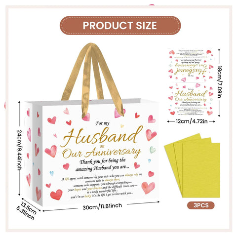Anniversary Gift Bag For Hubby With Greeting Card And 3 Tissue Paper Romantic Heart Theme Wrap Bag For Men, size details included.