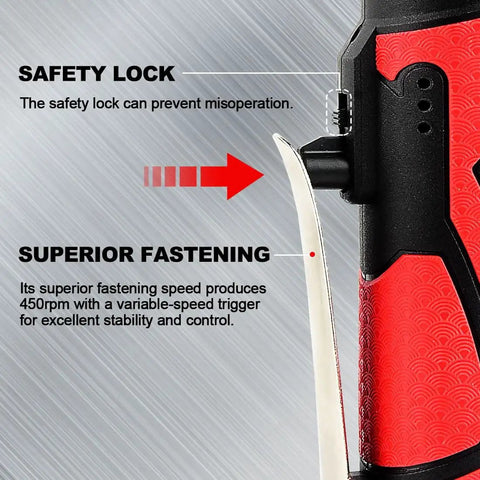 Extended 18V Cordless Ratchet Wrench Kit With Three Eighths Inch Drive, 450 RPM, Sixty Foot Pounds Torque safety lock and fastening