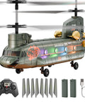 Remote Control Helicopter For Kids And Military Fans With Altitude Hold And One Key Takeoff And Landing LED Lights Two Easy Swap Modular Batteries With USB C Charging For About 20 Minutes Of Flight Lit RC Battery System Durable RC Toy on display with accessories