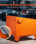 Side view of an orange 25 Gallon Sandblasting Cabinet For DIY Projects Portable Benchtop Sand Blaster with heavy duty steel build.