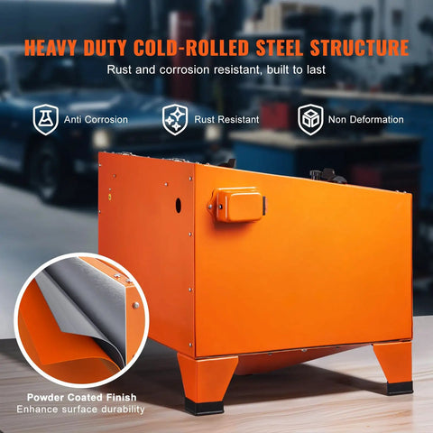 Side view of an orange 25 Gallon Sandblasting Cabinet For DIY Projects Portable Benchtop Sand Blaster with heavy duty steel build.
