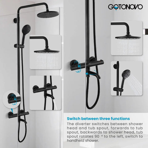 Thermostatic Shower Faucet System With Exposed Plumbing 8 Inch Round Shower Head Wall Mounted 8 Modes ABS Handheld Sprayer Tub Spout