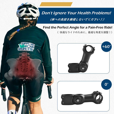Cyclist with adjustable bike stem for 31.8mm handlebar and 28.6mm steerer, showcasing 0 to 60 degree tilt adjustment