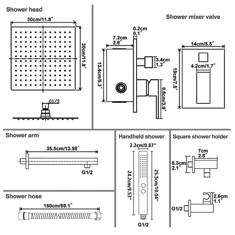 Technical diagram of Matte Black 12 Inch Square Rain Shower Head With Adjustable Slide Bar Handheld Sprayer 1.5m Hose Wall Mounted