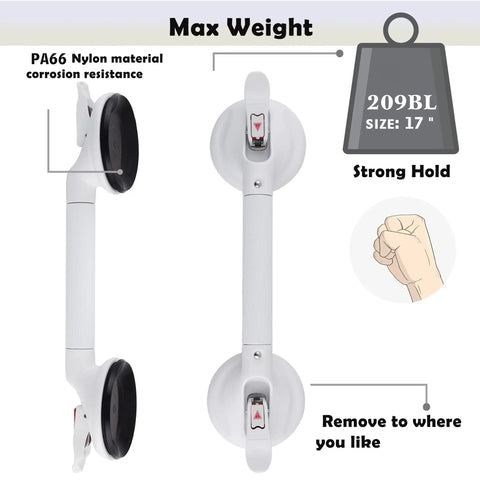 Heavy Duty Suction Cup Shower Grab Bar For Tub And Toilet Safety, 18.5 Inch White Bath Handle With 250 Lb Power shown in diagram