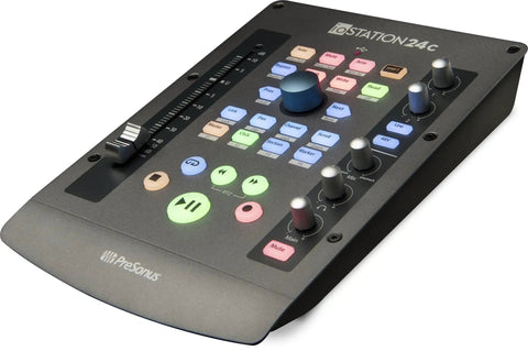 IoStation 24C 2x2 USB Audio Interface and Production Controller with 192 kHz conversion, top view with controls and fader