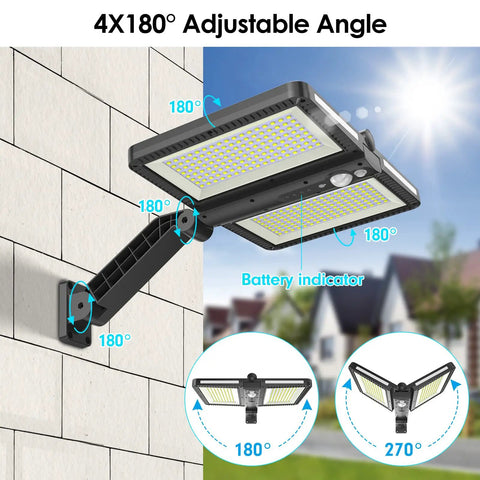 Crazy Bright Solar Flood Light 6000LM with Motion Sensor mounted on wall showing adjustable angles and battery indicator.