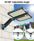 Big Bright Solar Motion Flood Light With Dual Large Panels, IP65 Waterproof, 6000LM, 218 LEDs shown with adjustable angles