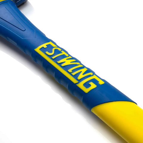 Close-up of the textured grip of 6 Pound Heavy Duty Hard Face Sledge Hammer Beast For Demolition And Stake Driving With 36 Inch Fiberglass Handle Induction Hardened To 50 55 HRC Overstrike Protection Textured Grip For Smooth Swings