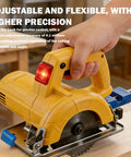 Pro-Grade Bidirectional Circular Saw Guide With Adjustable Base For Precise Wood Cutting attached to yellow electric saw