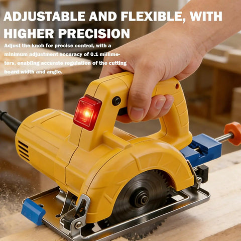 Pro-Grade Bidirectional Circular Saw Guide With Adjustable Base For Precise Wood Cutting attached to yellow electric saw