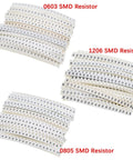 All In One Smd Capacitor And Resistor Kit With 2460 Pieces 41 Capacitor Values From 10pF To 22uF And 16 Resistor Values From 620 Ohm To 12K Ohm 0603 0805 1206 Size Chip Parts Handy For Diyers And Electronics Hobbyists showing strips of 0603, 0805, 1206 SMD resistors
